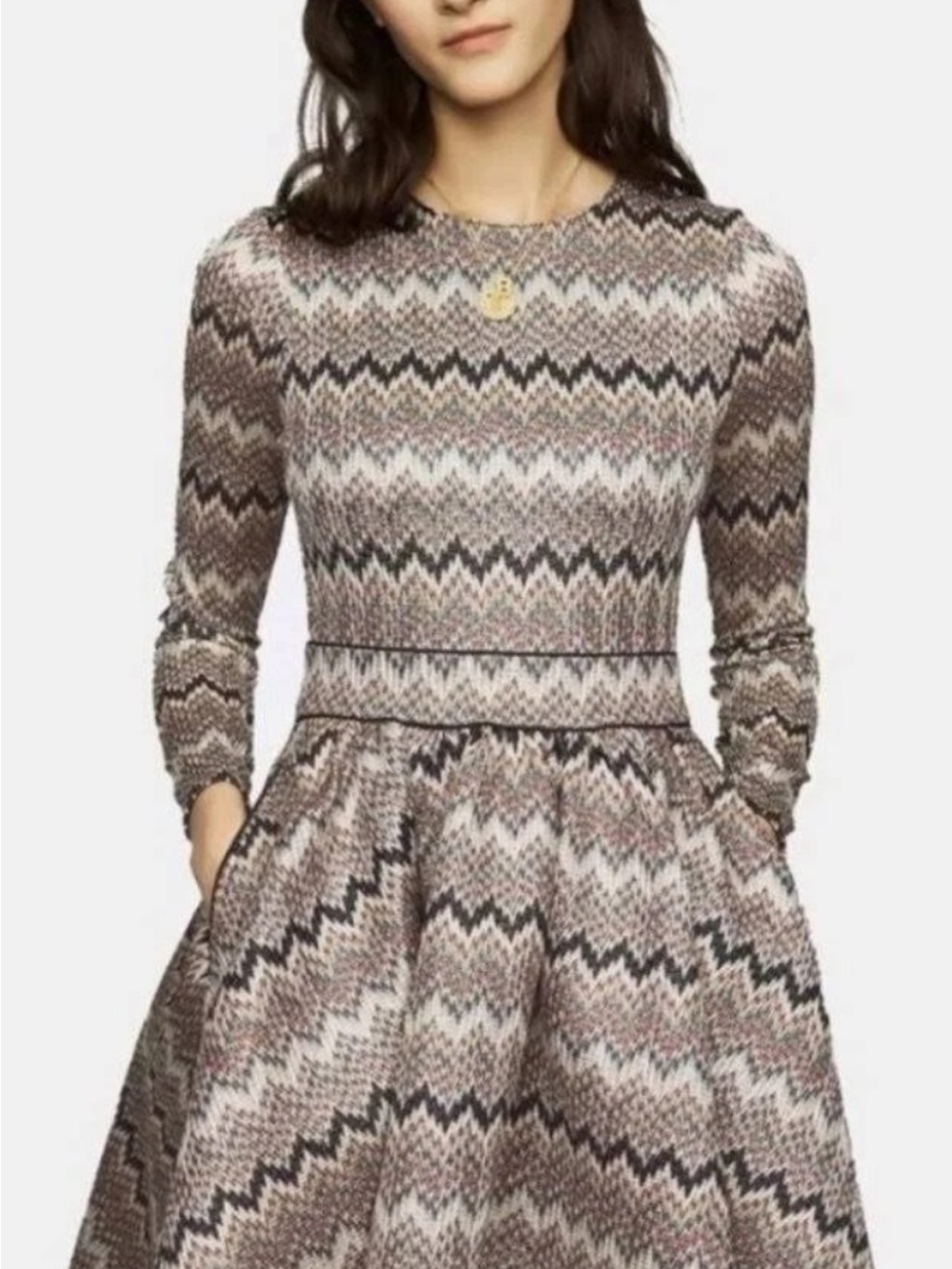 EUC Maje ZIGZAG-PATTERN KNITTED MINI DRESS size 1/ Small Brown Long Sleeves